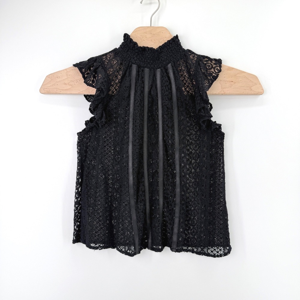 Express Black Lace Mock Neck Ruffle Top Size XS Sheer Sleeveless Victorian Goth